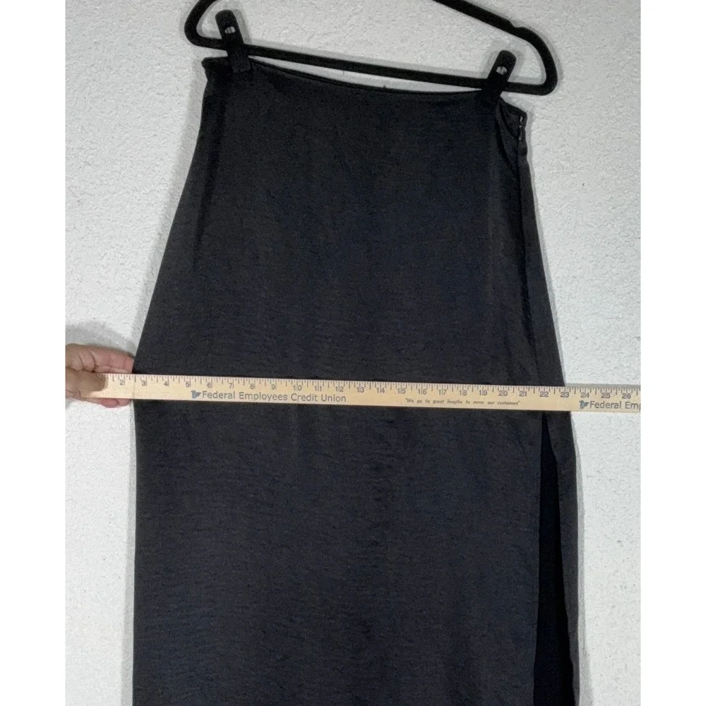 Forever 21 Black Satin Midi Skirt - L - Side Slit High Rise Minimalist 90s Chic